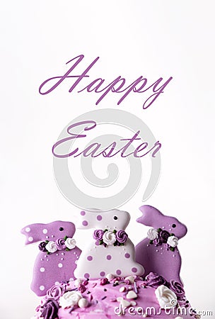 Traditional holiday Easter cakes decorated with lilac bunnys. Greeting card Stock Photo