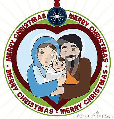 Traditional Holy Family inside a Heart Pendant with Christmas Design, Vector Illustration Vector Illustration