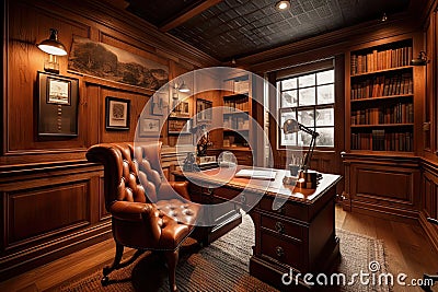 traditional home office, with antique desk and leather chair Stock Photo