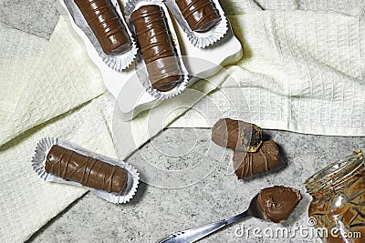 traditional homemade Algerian cookies named chocolate cigar for holiday muslim like Eid al Fitr and ramadan Stock Photo