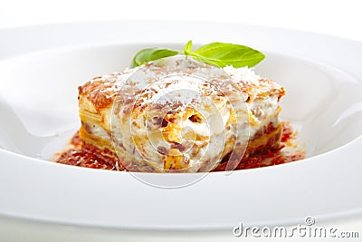 Traditional Homemade Italian Lasagna with Tomato Sauce Stock Photo