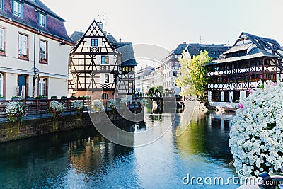 Traditional houses on beautiful canals in La Petite France medieval fairytale town of Strasbourg, UNESCO World Heritage Site, Stock Photo