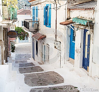 Traditional houses on the greek Islands in blue colors. Stock Photo