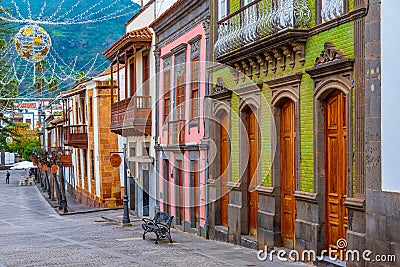 Traditional houses at the main street of Teror at Gran Canaria, Canary islands, Spain Editorial Stock Photo