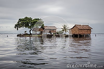 Traditional houses on a small artificial island in Lau Lagoon, Malatia Provence, Solomon Islands. Stock Photo