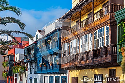 Traditional houses with wooden balconies at Santa Cruz de la Palma, Canary islands, Spain Editorial Stock Photo