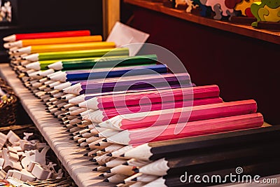 Traditional Hungarian giant pencils for interior decoration in the Christmas market in Budapest, Hungary Stock Photo