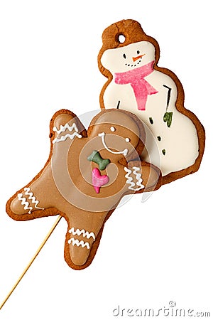 Traditional Iced Gingerbread Christmas Cookies Man with Snowmen Isolated Stock Photo