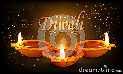 Traditional illuminated lit lamps for Happy Diwali. Stock Photo