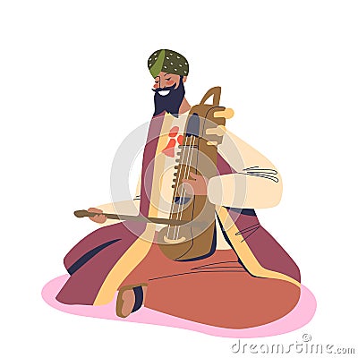 Traditional indian artist wedding musician man in national clothes playing on sarangi Vector Illustration