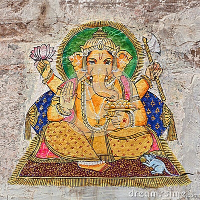 Traditional Indian colourful wall painting in Udaipur, Rajasthan, India Editorial Stock Photo