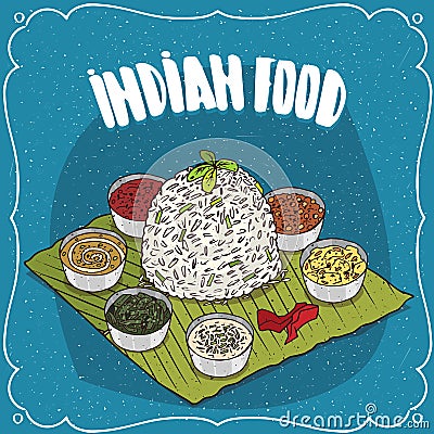 Traditional Indian dish Thali from rice Vector Illustration