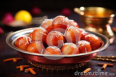 Traditional Indian food, sweet Gulab Jamun balls in a metal plate with cinnamon sticks Stock Photo