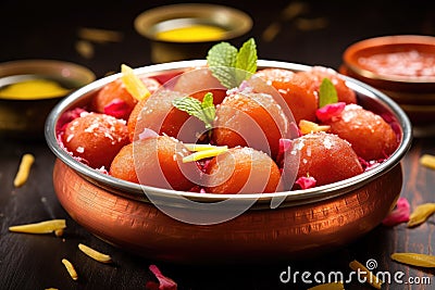 Traditional Indian food, sweet Gulab Jamun balls with mint leaves in a metal plate Stock Photo