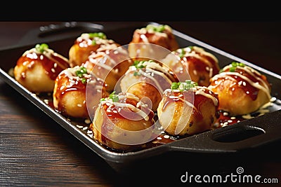 Traditional Indian snack pani puri in a wooden bowl with sauces Stock Photo