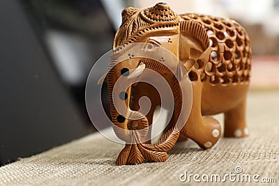 Traditional Indian souvenir. Indian elephant. Made of wood souvenir. Stock Photo