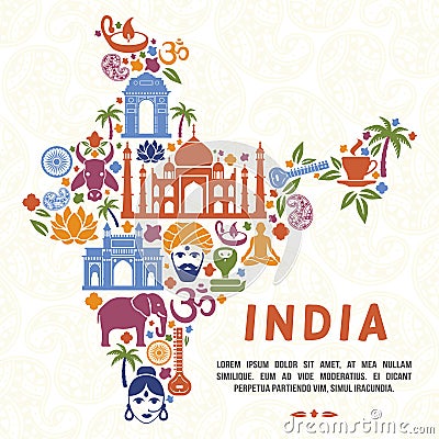 Traditional Indian symbols in the form of India map Vector Illustration