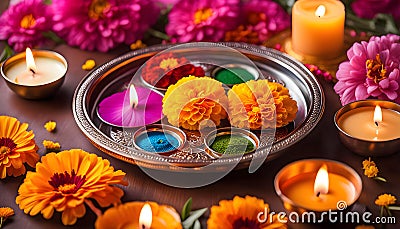 Traditional Indian Thali puja with marigolds, lit candle, incense and bokeh, Indian holidays, Cartoon Illustration