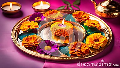 Traditional Indian Thali puja with marigolds, lit candle, incense and bokeh, Indian holidays, Cartoon Illustration
