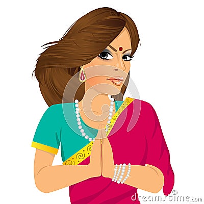 Traditional Indian woman holding hands in prayer position Vector Illustration