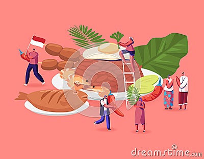 Traditional Indonesian Cuisine Concept. People in National Costumes and Tourists around Huge Dish Brown Rice Vector Illustration