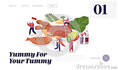 Traditional Indonesian Cuisine Website Landing Page. Tiny People around Huge Dish Brown Rice with Fried Eggs and Shrimps Vector Illustration