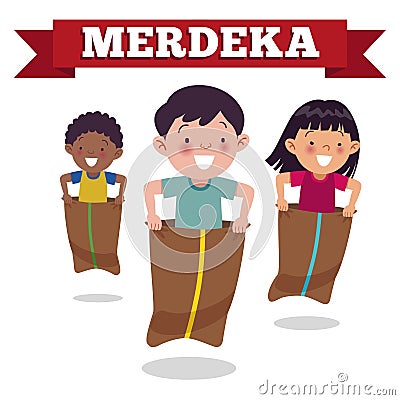 Traditional Indonesian special game on Independence Day, children race in sacks. Merdeka Day is Indonesian Independence Day. Vector Illustration
