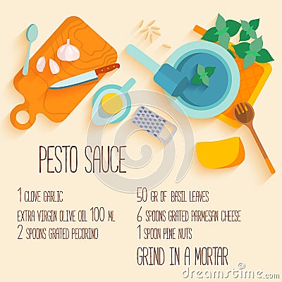 Traditional italian cuisine recipe of pesto souce. Vector Illustration