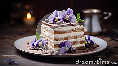 Traditional italian dessert tiramisu decorated with edible flowers Stock Photo