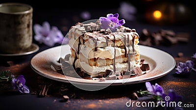 Traditional italian dessert tiramisu decorated with edible flowers Stock Photo