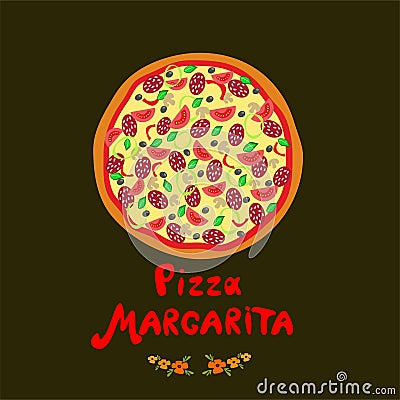 Traditional Italian fast food. Fresh pizza margarita with tomato, cheese, olive, champignon, onion, salami and basil Vector Illustration