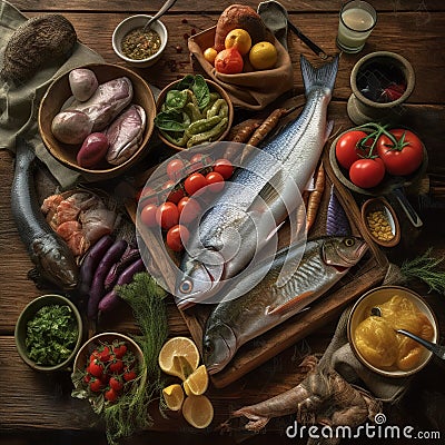 Traditional italian fish food on rustic wooden table, flat lay, top view, AI generative Stock Photo