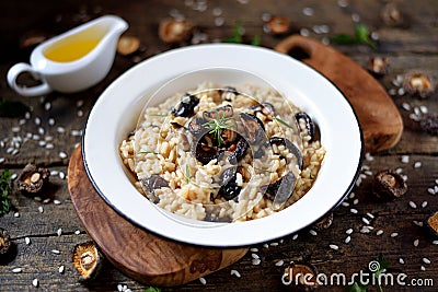 Traditional Italian risotto with dried mushrooms, parmesan cheese, vegetable broth and white wine. Stock Photo