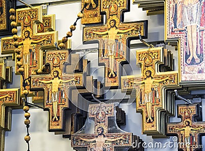 Traditional Italian wood carved crucifix display in souvenir shop. Stock Photo