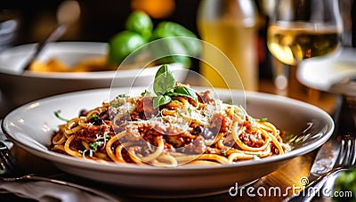 Traditional Italy pasta, Heaped plate of delicious Italian spaghetti pasta with fresh basil leaves and grated parmesan Stock Photo