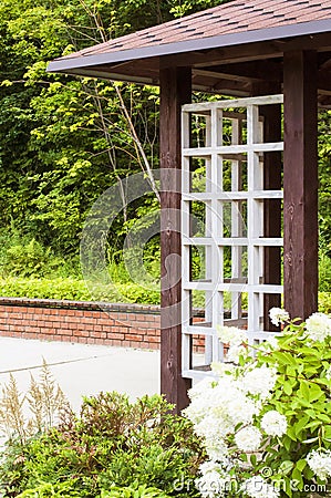 Traditional japan gazebo and flowers Stock Photo