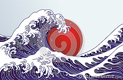 Traditional Japan wave, big red sun illustration. Japan flag design Vector Illustration