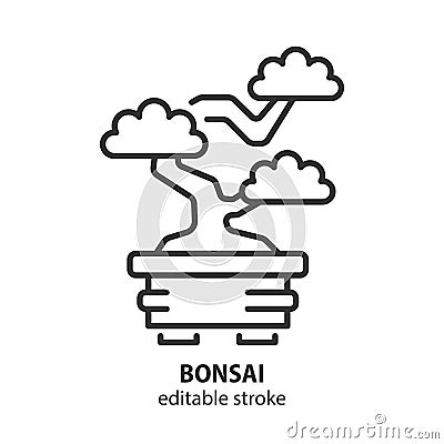 Traditional japanese bonsai line icon. Miniature tree in pot vector symbol. Editable stroke Vector Illustration