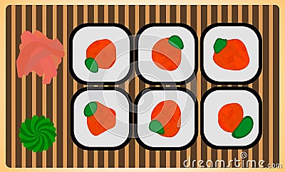 Traditional japanese dinner meal rice roll sushi set with wasabi and ginger. Colorful vector illustration fresh gourmet Vector Illustration