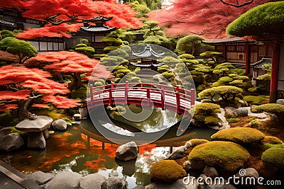 A traditional Japanese garden with meticulously manicured bonsai trees, Stock Photo