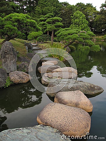 Traditional Japanese Garden with stepping stone pathways Stock Photo
