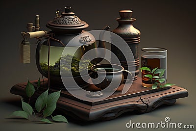 Traditional Japanese Green tea setup with beautiful lighting. Close-up details of ceramic tea pot and cups.Ai generated Stock Photo