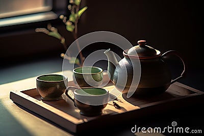 Traditional Japanese Green tea setup with beautiful lighting. Close-up details of ceramic tea pot and cups, Generative AI Stock Photo