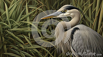 Traditional japanese heron, bamboo, and intricate botanical patterns illustration Cartoon Illustration