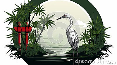 Traditional japanese heron and bamboo with intricate botanical patterns illustration for sale Cartoon Illustration