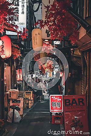 Traditional Japanese hidden micro bar street Omoide Yokocho aka the Alley in Tokyo Editorial Stock Photo