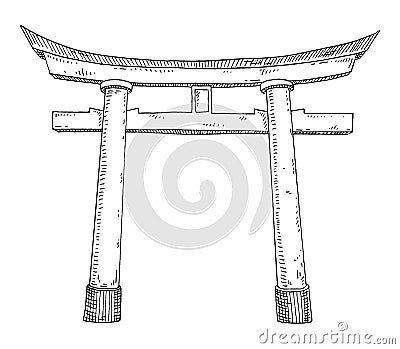 Traditional japanese japanese torii gate. Vintage hatching monochrome black illustration Vector Illustration