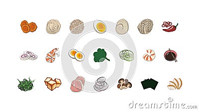 Traditional Japanese or Korean food - a large set of ingredients for traditional Oriental ramen noodle soups. Vector Vector Illustration