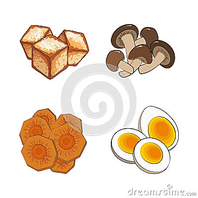 Traditional Japanese or Korean food - tofu, mushrooms, eggs, carrot. Set of ingredients for traditional Oriental ramen Vector Illustration
