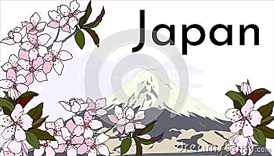 Traditional japanese landscape with sakura and fuji. Horizontal banner, travel poster with national symbols Vector Illustration